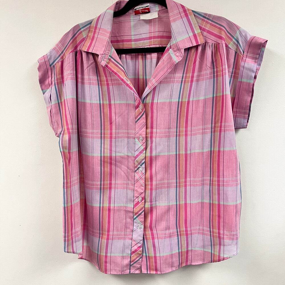 Vintage women's plus size pink purple plaid dolman button front blouse